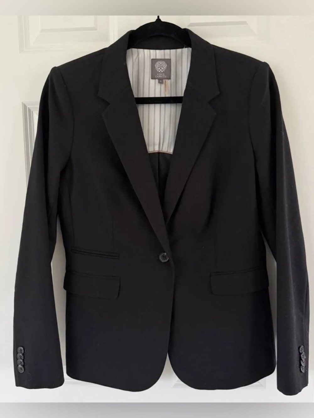 Vince Camuto - Fitted Black Suit Jacket One Button Striped Lining Blazer Size 12